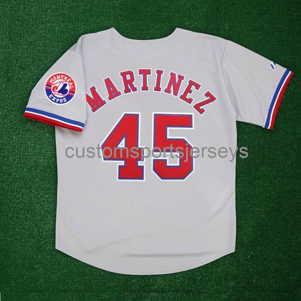 Homens homens jovens bordados Pedro Martinez Mont Expos Road w/ Team Patch Grey Jersey Todos os tamanhos