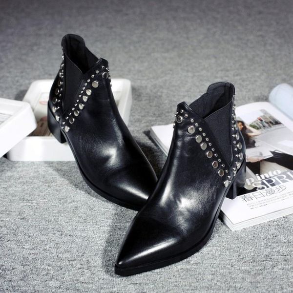 

boots short women's head leather autumn and winter pointed rivet thick heel tube, Black
