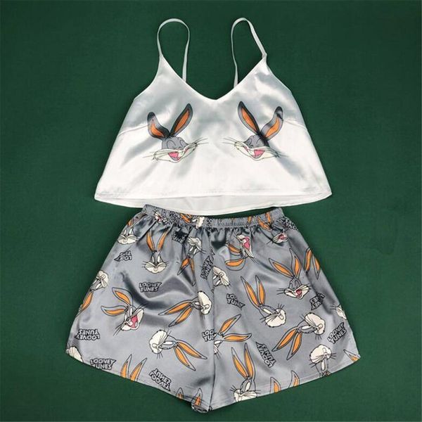 

lovely animal cartoon print womens sleepwears homewear suit summer v neck pyjamas women spaghetti strap loose satin pajamas, Black;red