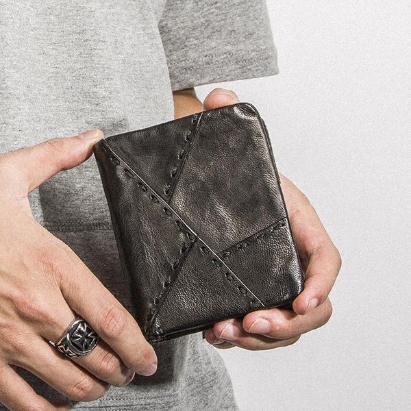 

wallets handmade sheepskin wallet, men's short leather zipper multifunctional trendy wallet1, Red;black