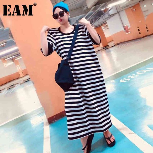 

[eam] women black striped big size ankle length dress round neck short sleeve loose fit fashion spring summer 1dd6846 21512, Black;gray