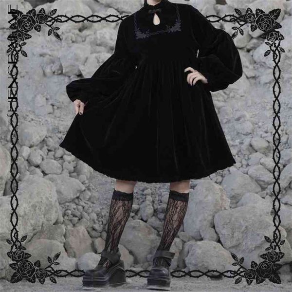 

shengpllae dark gothic rose thorn embroidery dress women's spring stand collar lantern sleeve knee-length dresses 5a139 210427, Black;gray
