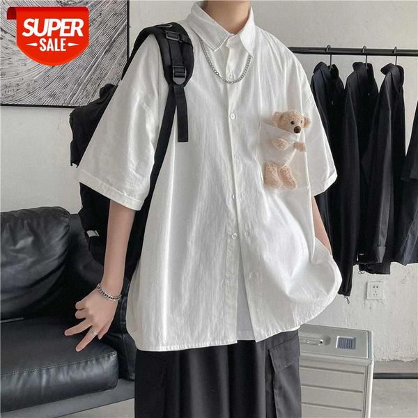

white shirt men's short-sleeved bear hong kong style design sense five-point sleeve korean trendy inch #vt0q, White;black