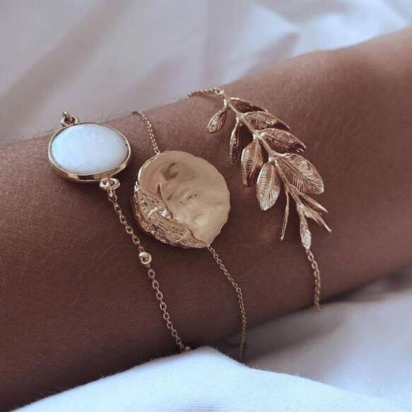 

charm bracelets 3pcs/set fashion tree leaf adjustable bracelet for women vintage geometry gold alloy bangle jewelry accessories 7119, Golden;silver