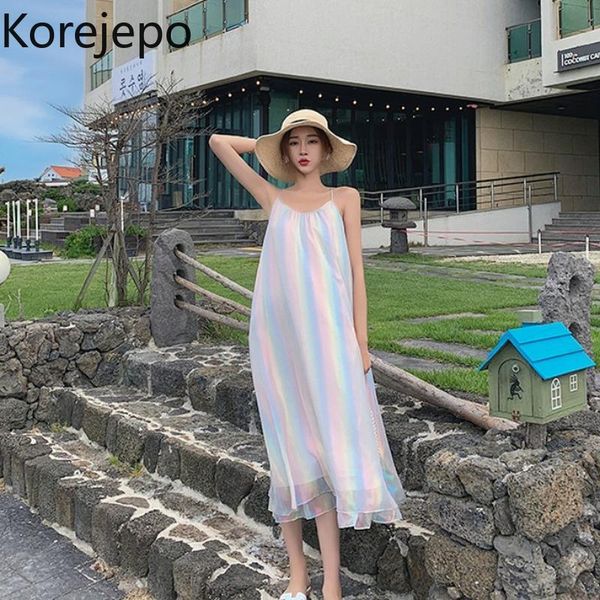 

casual dresses korejepo women spaghetti strap dress 2021 summer beach style fairy loose rainbow colors mesh stitching holiday long, Black;gray