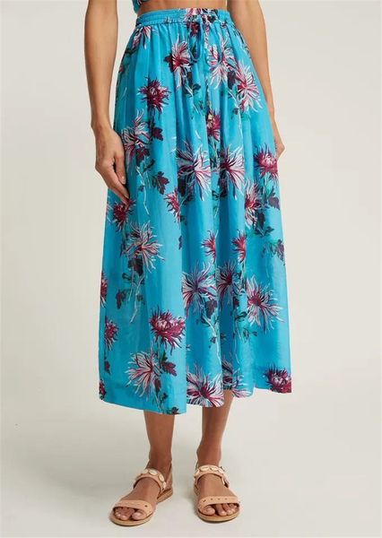 

skirt spring/summer 2021 fashion retro sweet flower print blue midi vhw1, Black