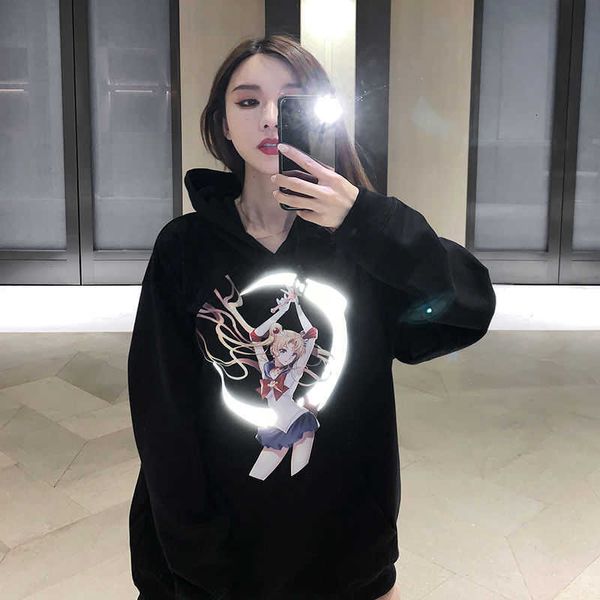 

women's hoodies & sweatshirts harajuku sailor moon print hoodie women loose casual reflective cartoon long sleeve pullover st, Black