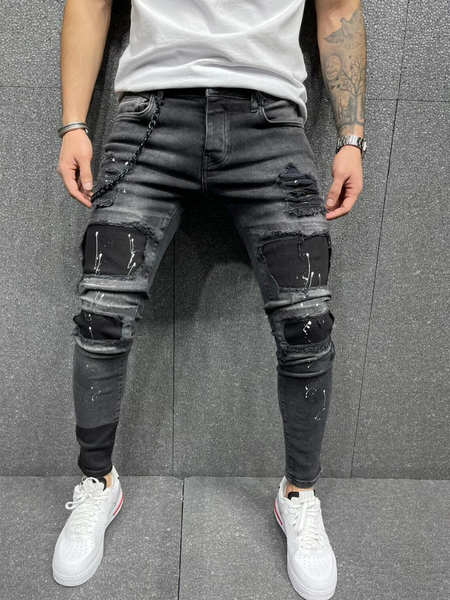 

men ripped jeans patchwork casual skinny pencil pants male hole street hip-hop denim trousers tourism party biker cowboy bottoms, Black