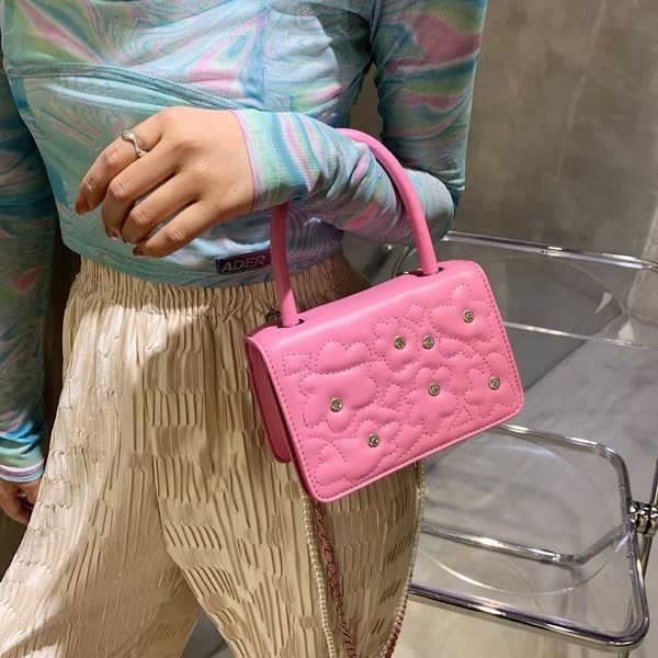 

cross body ladies printed portable small square bag 2021 pearl chain one-shoulder female commuter messenger