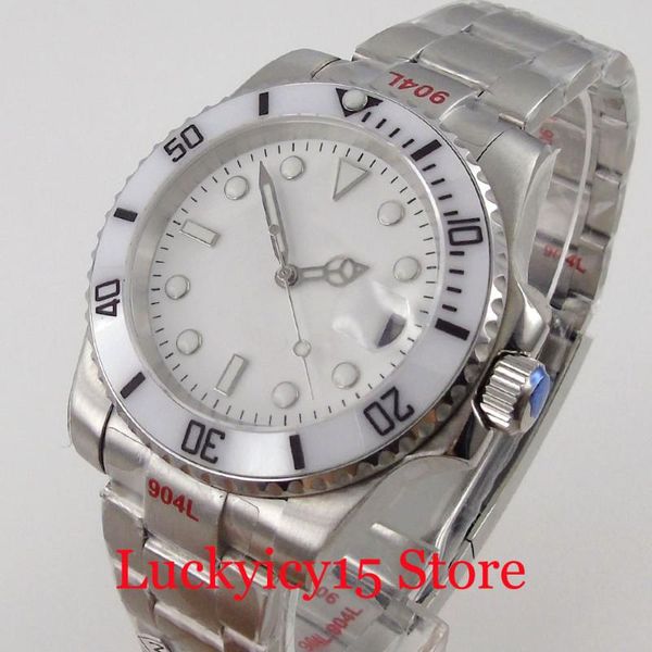 

wristwatches white 40mm men watch miyota 24 jewels nh35a automatic movement brushed oyster band glide lock ceramic insert magnifier, Slivery;brown