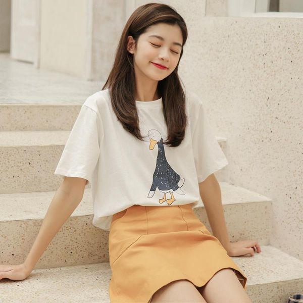 

women's t-shirt harajuku woman clothes 2021 summer korean style fashion sweet vintage friends print cartoon duck funny t shirts women, White