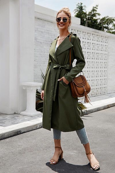 

women's trench coats warm turndown collar jacket coat women ruffled belt army green long winter autumn overcoat female outerwear wholes, Tan;black