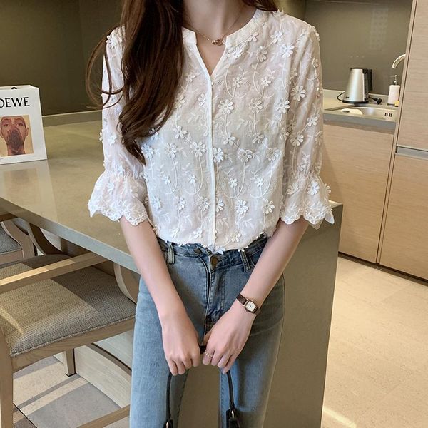 

women's blouses & shirts fashion female embroidered chiffon casual shirt ladies blouse summer pure white for women