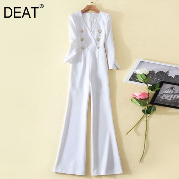 

[deat] v-neck collar long sleeve solid white metal double breasted trumpet full pants jumpsuit mall goth spring gx427 210428