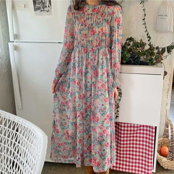 

spring fashion o-neck puff long sleeve floral chiffon dress vintage women temperament casual elegant robe 210526, Black;gray