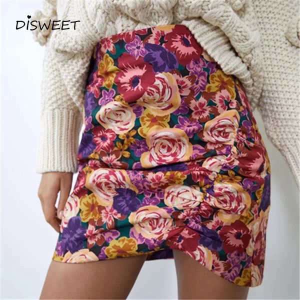 

skirts fashion floral print mini woman simple high waist slim a-line ladies casual loose wrinkles women's skirt, Black
