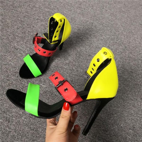 

mixed color high heels summer sandals peep toe female gladiator ankle strap pumps shoes woman studded sandalias mujer 2021, Black