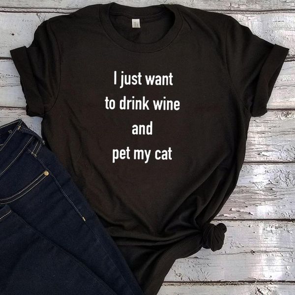 

women's t-shirt drink wine and pet my cat shirt women 2021 plus size streetwear clothes girls funny tshirt aesthetic graphic tees, White