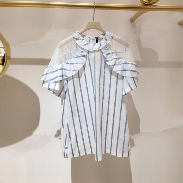 

women's blouses & shirts fashion chic ruffled o-neck off-shoulder striped white short-sleeved lace shirt stitching women office ladies