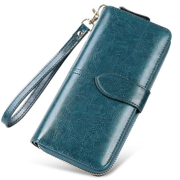 

women wallet genuine leather wallets retro oil wax hand strap clutch lady phone coin purse card holder, Red;black