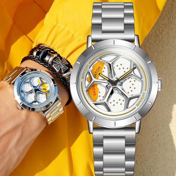 

wristwatches sanda business casual car rim analog men watch stainless stee waterproof sports quartz 360 degree rotating roulette dial, Slivery;brown