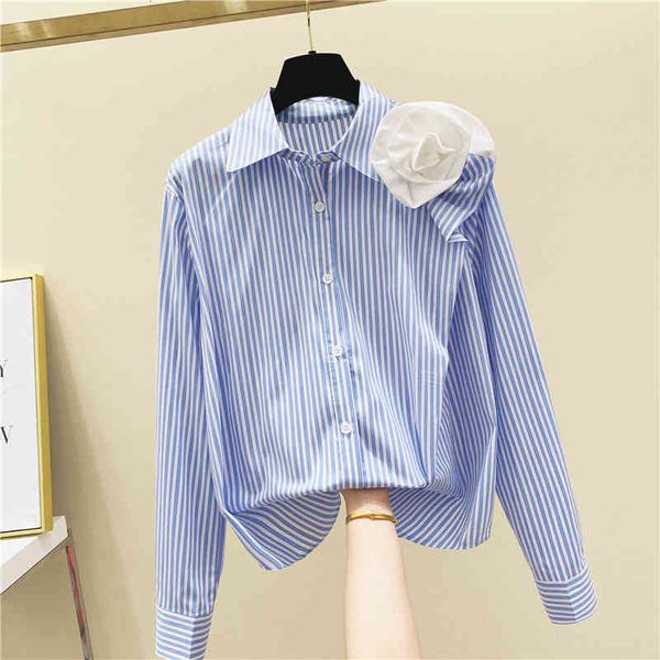 

blouses blue vertical stripes blouse women three-dimensional flower long sleeve striped shirt female autumn blusas mujer, White