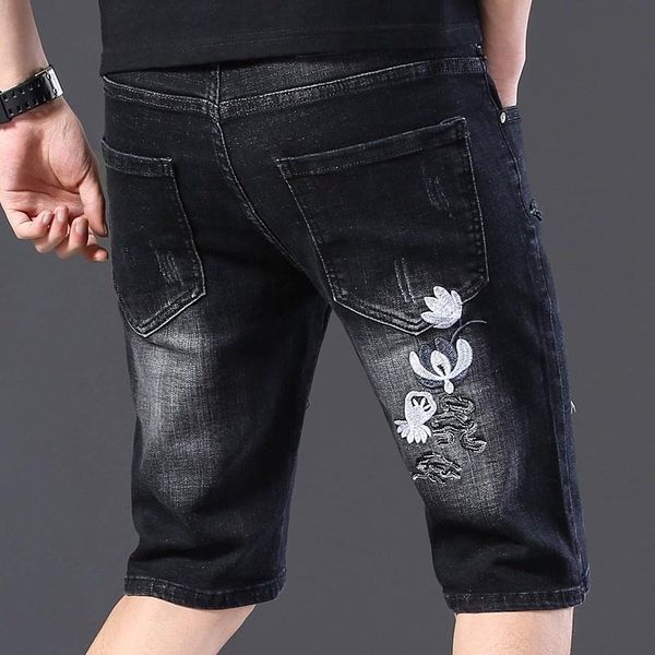

men's jeans summer mens hole ripped embroidery knee length slim fit stretchy short trousers male casual streetwear washed denim shorts, Blue