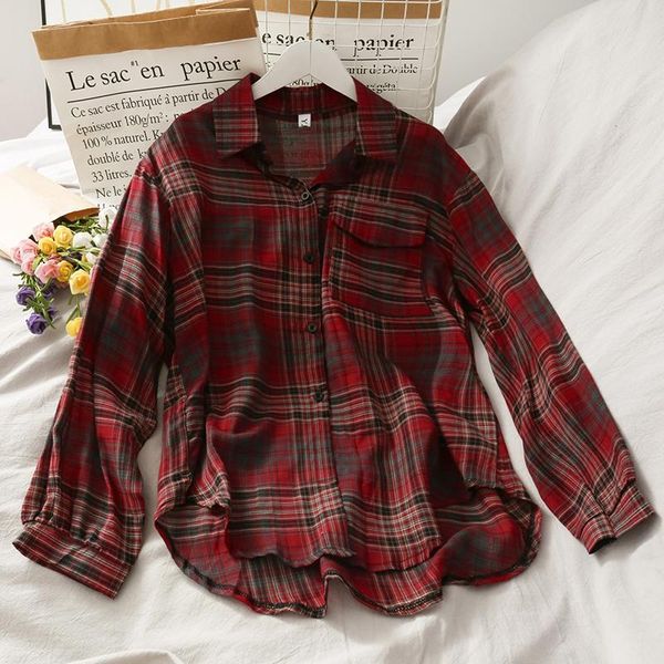 

women's blouses & shirts spring autumn plaid shirt korean retro loose long-sleeved female single-breasted turn-down collar thin gd536, White