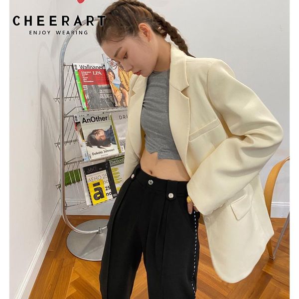 

beige korean casual blazer women solid color autumn jacket yellow loose suit tailored coat 2021 fashion clothing women's suits & blazer, White;black