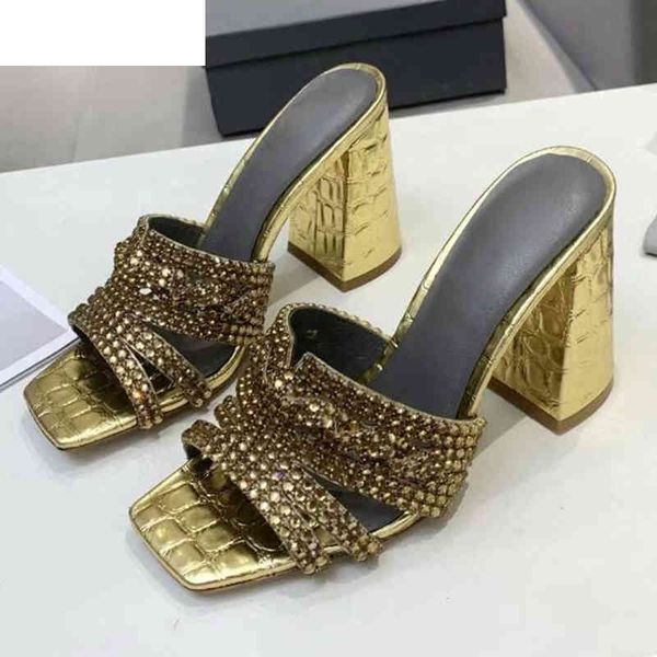 

sandals bling bling chunky high heel sandals party dress slippers women shiny crystal decor summer shoes 2021 rhinestone sand, Black