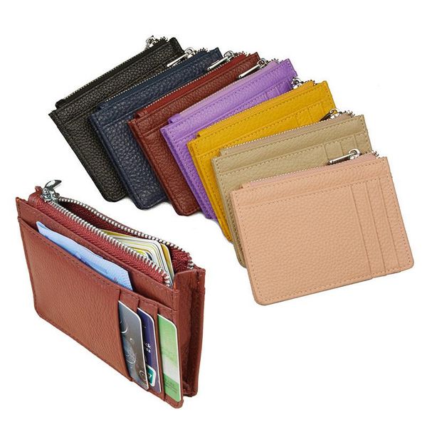 

card holders large wide genuine leather id holder fashion candy color thick zipper wallet business bank bag, Brown;gray