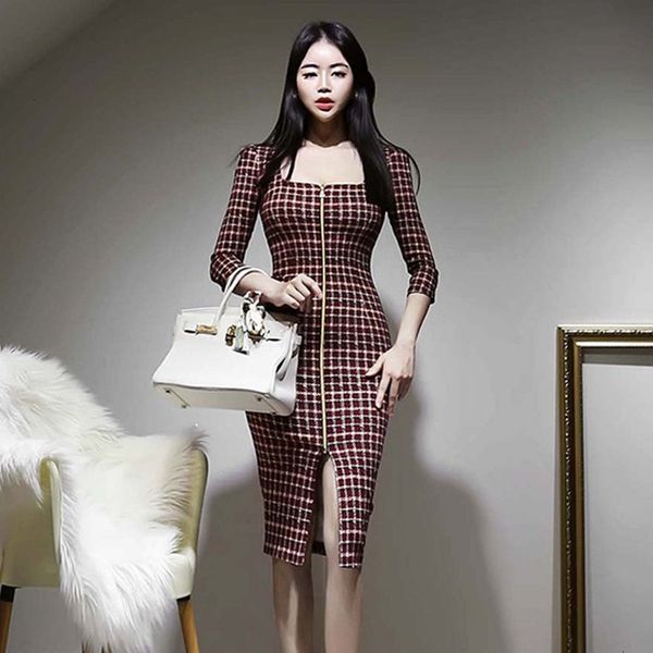 

casual dresses plaid women autumn summer slim zipper office pencil split long party dress 3xx7, Black;gray