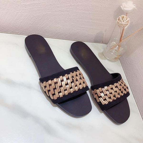 

slippers summer flat slides sandals women golden knit outside beach slipper fashion women's holiday shoes 2021, Black