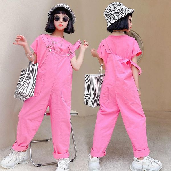 

clothing sets girls set 2021 summer kids tracksuit loose pink t shirt overalls for children clothes teenage jumpsuit girl outfit 10 y, White