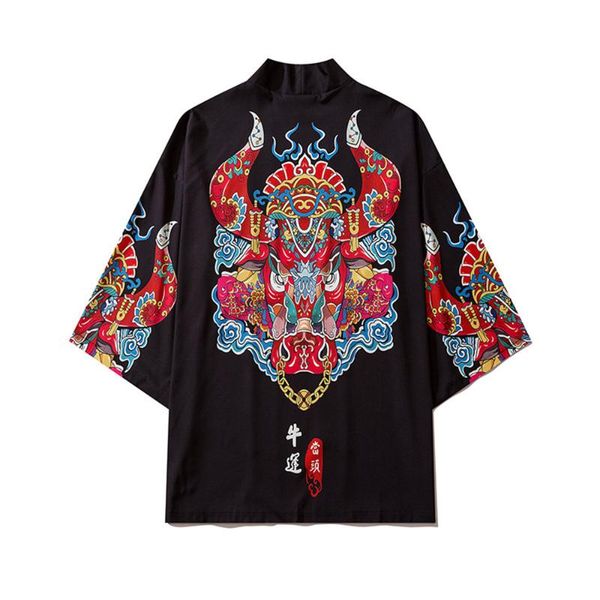 

ethnic clothing ox luck cow printed men women kimono cardigan japanese traditional casual loose thin coat and pants asian harajuku, Red