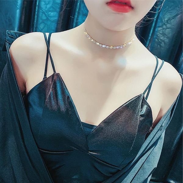 

chains bling zircon choker friend necklace for women statement trendy elegent chain punk neck jewelry inlay collar gift, Silver