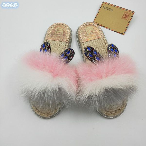 

women natural fur slippers real flat-bottomed ears thick fashion joker, Black