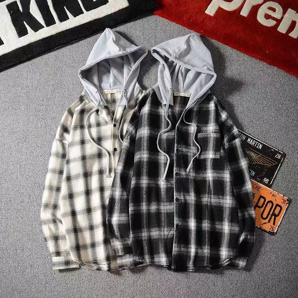 

men's casual shirts pull-over check shirt with hat harajuku for men 100% cotton cardigan, White;black