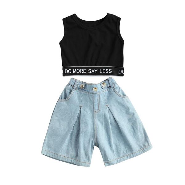 

girls casual two-piece clothes set black round collar sleeveless + elastic waist shorts clothing sets, White
