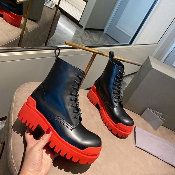 

boots 2021 designer brand ankle women cow leather lace up round toe shoes autumn red platform handmade motorcycle, Black