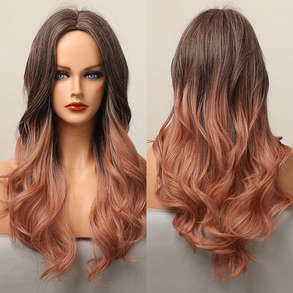 

ombre black brown pink natural long wave synthetic hair wigs middle part heat resistant wigs for black women daily cosplay party