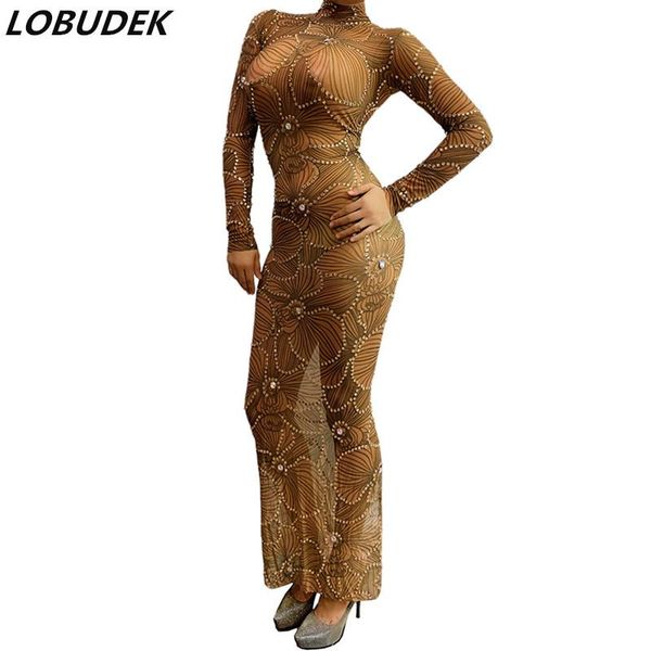 

casual dresses luxury birthday celebrate evening party transparent flower pattern crystals skinny long dress singer host stage costume, Black;gray