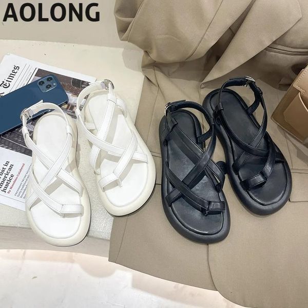 

sandals women genuine leather summer clip toe ladies roman shoes muffin 2022 arrive, Black