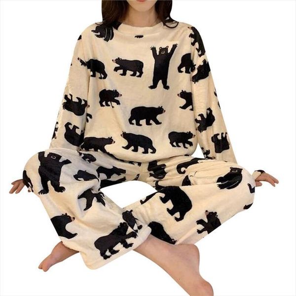 

winter warm flannel pajamas women sleepwear set cartoon print pyjamas o neck pullover coral fleece pijamas mujer home suits, Black;red