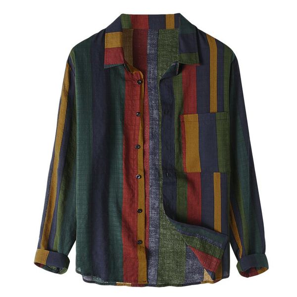 

men's casual shirts vintage striped daily vertical stripes long sleeve button lapel shirt loose top, White;black