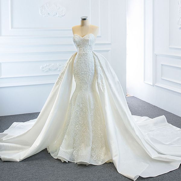 

mermaid women wedding dress with detachable chapel train 2 pieces pearls lace bridal gowns custom made vestidos de novia 2023, White