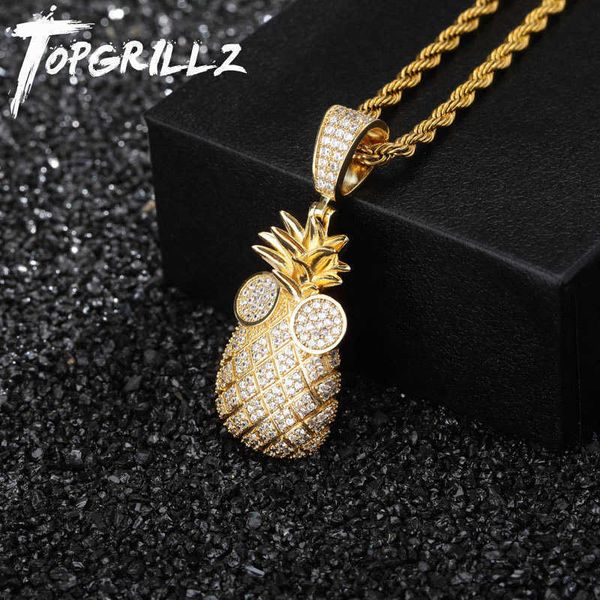

rillz men's pineapple shaped pendant necklace, zircon cubic pebbles, 4mm tennis chain and cuba cz, hip-hop rock jewelry q0809, Silver