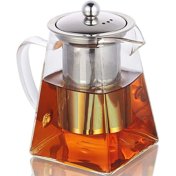 

clear high borosilicate glass teapot with removable 304 stainless steel infuser square heat resistant flower tea pot microwavable and stoves