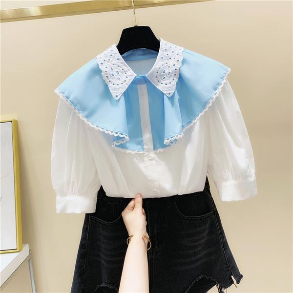 

women's blouses & shirts 2021 summer shirt women korean style color matching doll collar lace panel puff sleeve short blouse ladies bl, White