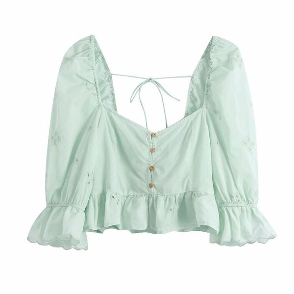 

women embroidery hollow out square neckline half sleeve shirt chic lady fashion casual clothes women's t-shirt, White